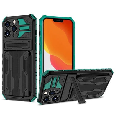 Shockproof Card Holder Phone Case With Kickstand iPhone 14 / Green