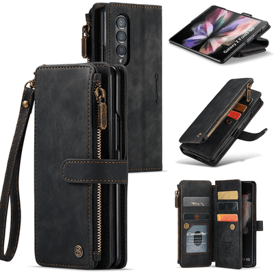 Zipper Leather Wallet Case For Samsung Z Fold 3 Black